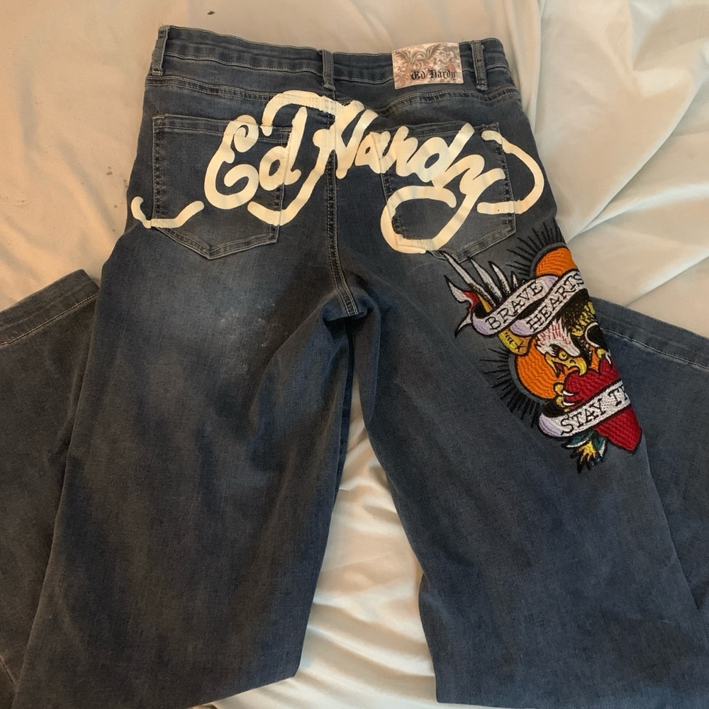 Ed Hardy Blue Relaxed Jeans with Embroidered Design
